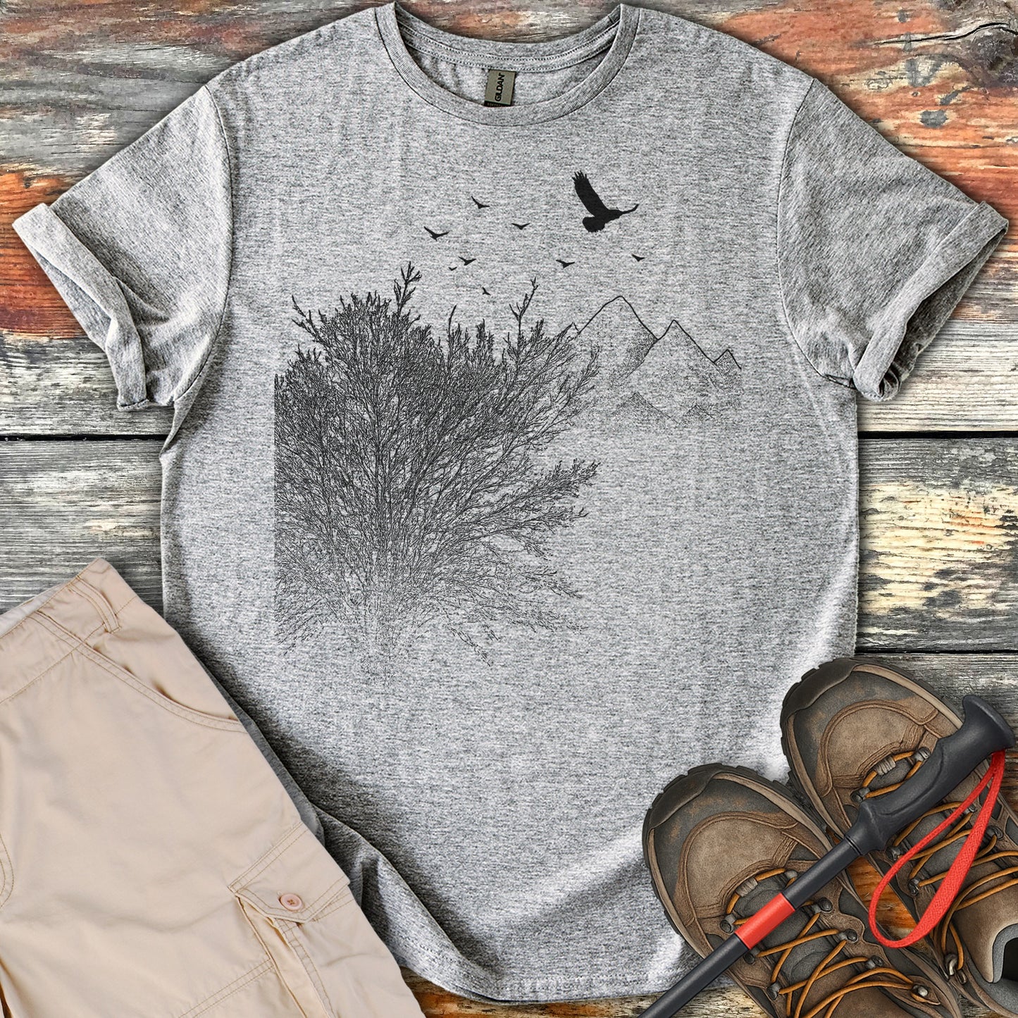 Scenic Mountain and Bird Design Short Sleeve Shirt Product