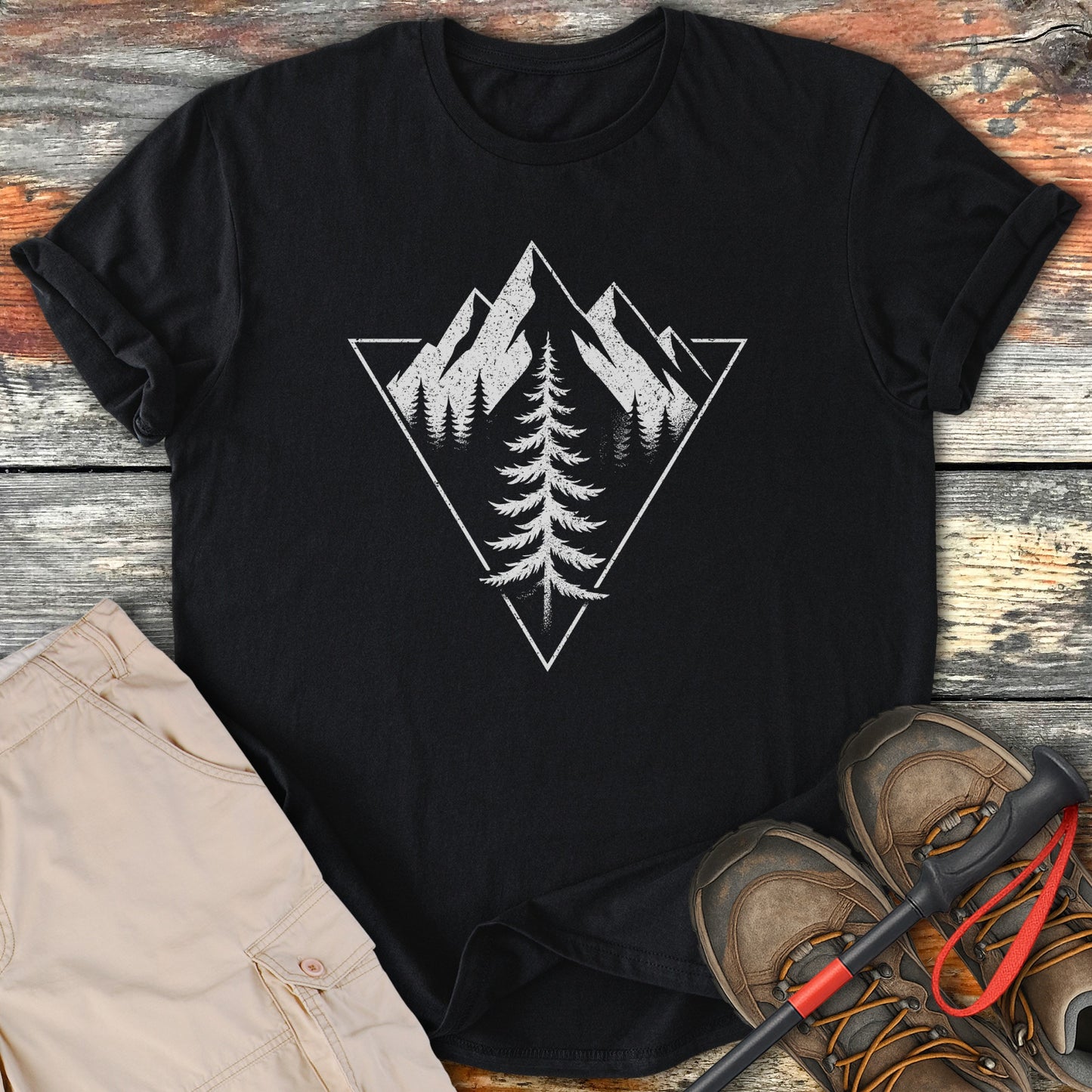 Black T-Shirt with Mountain Tree Graphic Design product type