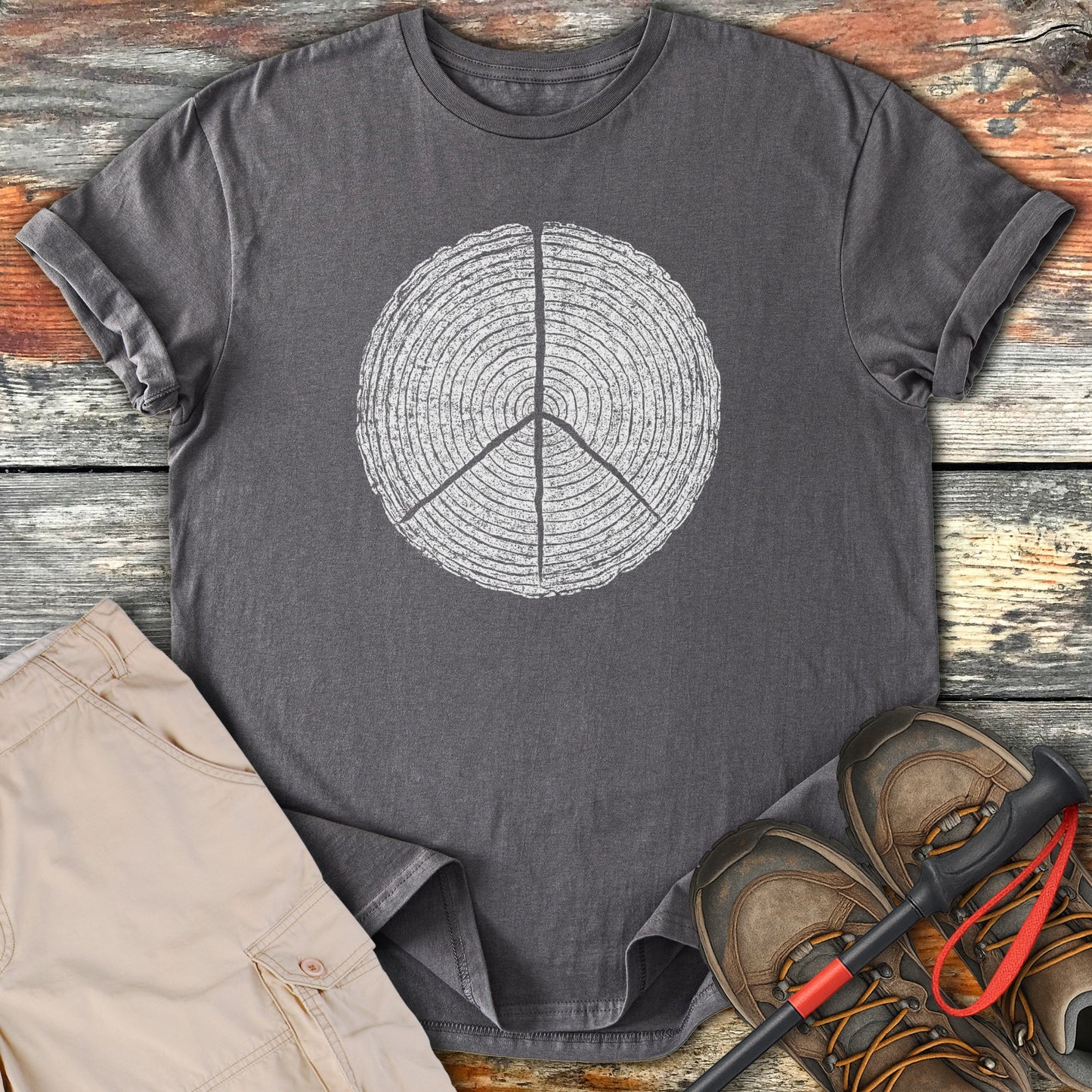 Peace Sign Tree Ring Design Hiking T-Shirt product