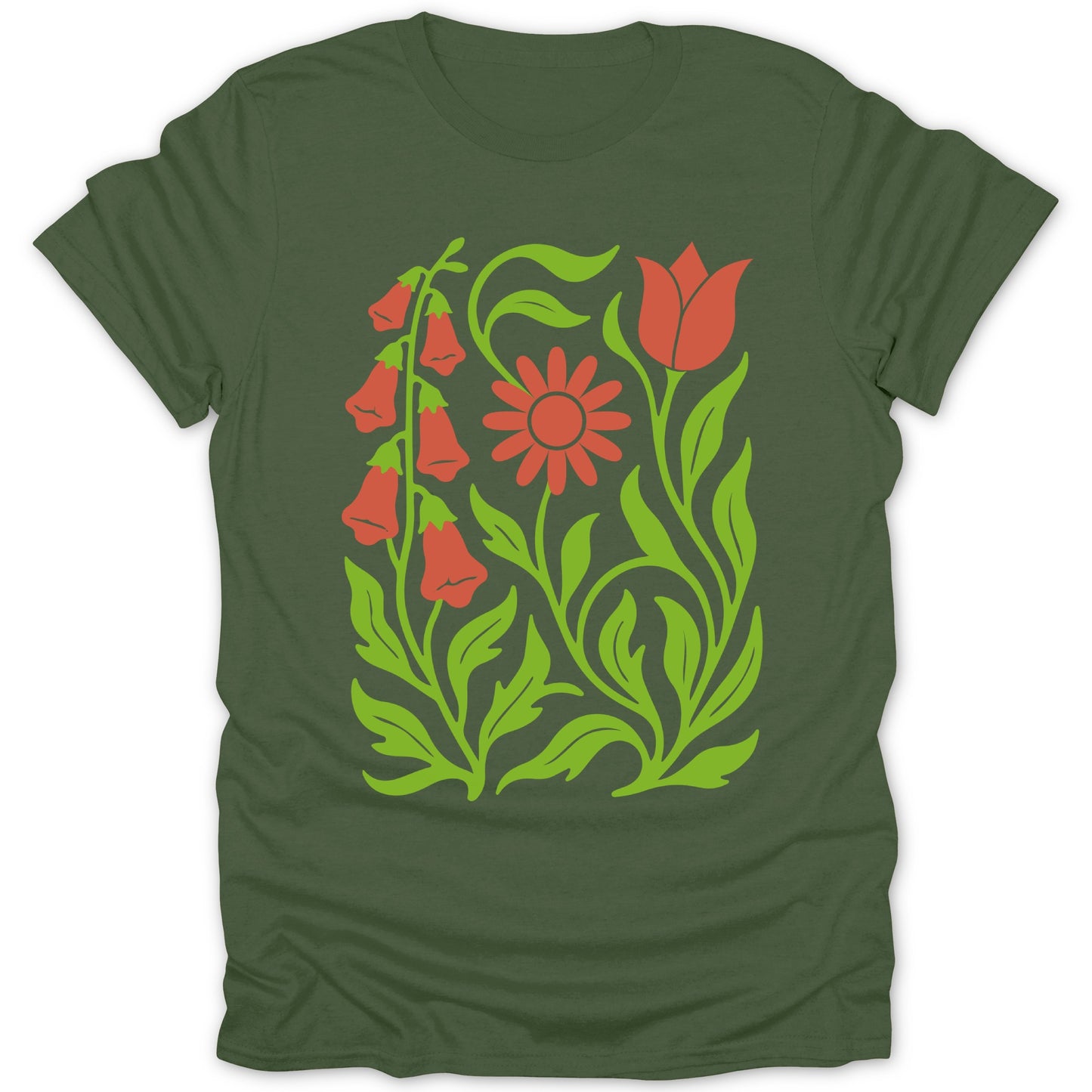 Beautiful Green Tee with Red and Green Floral Design