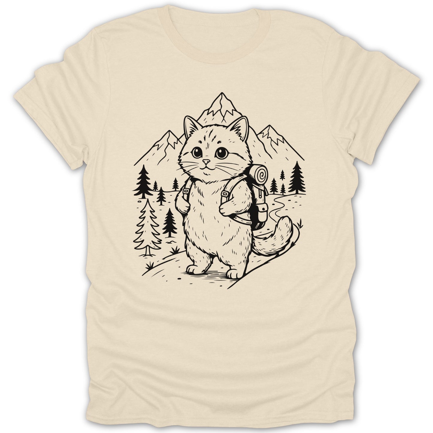 Cat Hiking Graphic on Beige Adventure T-shirt
