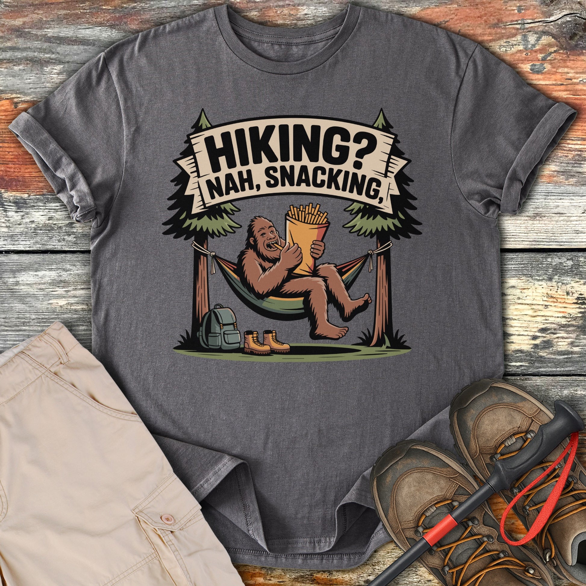 Funny Sasquatch Hiking Snacking Graphic T-Shirt product