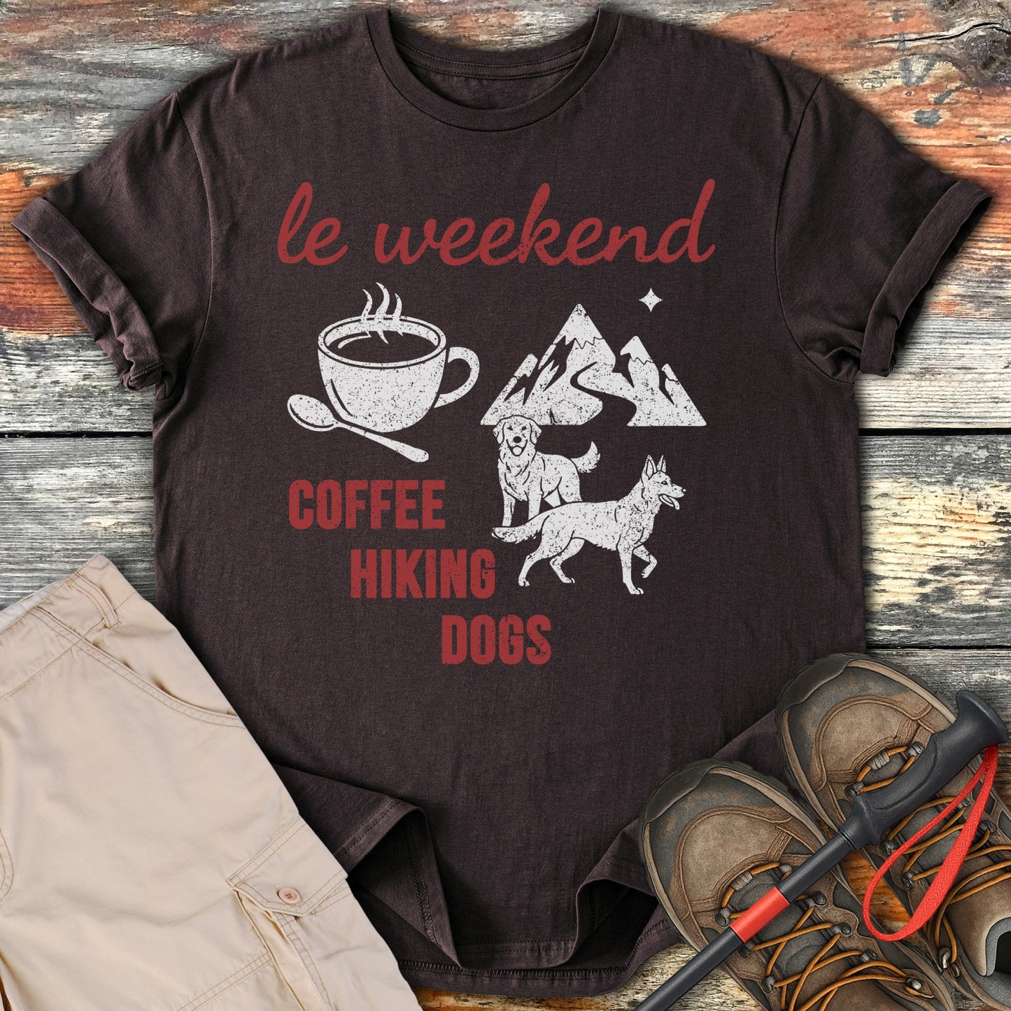le weekend coffee hiking dogs t-shirt product