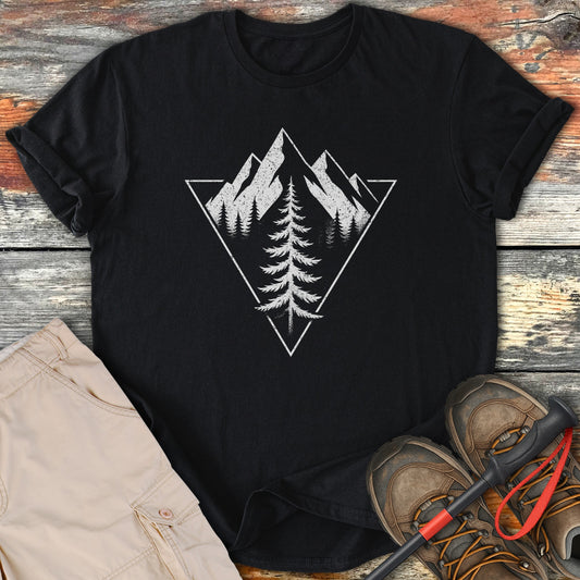Black T-Shirt with Mountain Tree Graphic Design product type