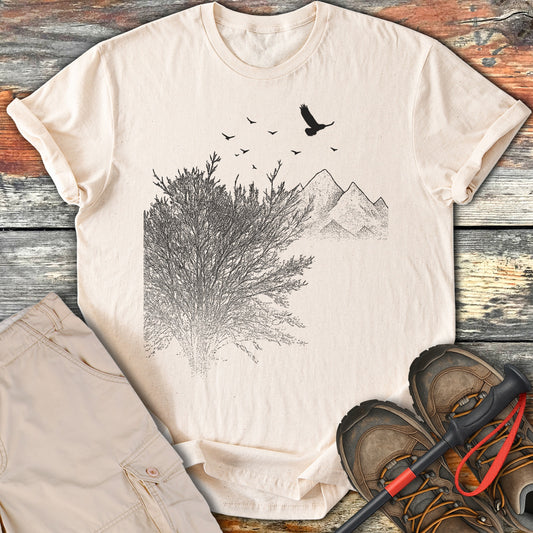 Scenic Mountain Bird Hiking Adventure Graphic Tee product