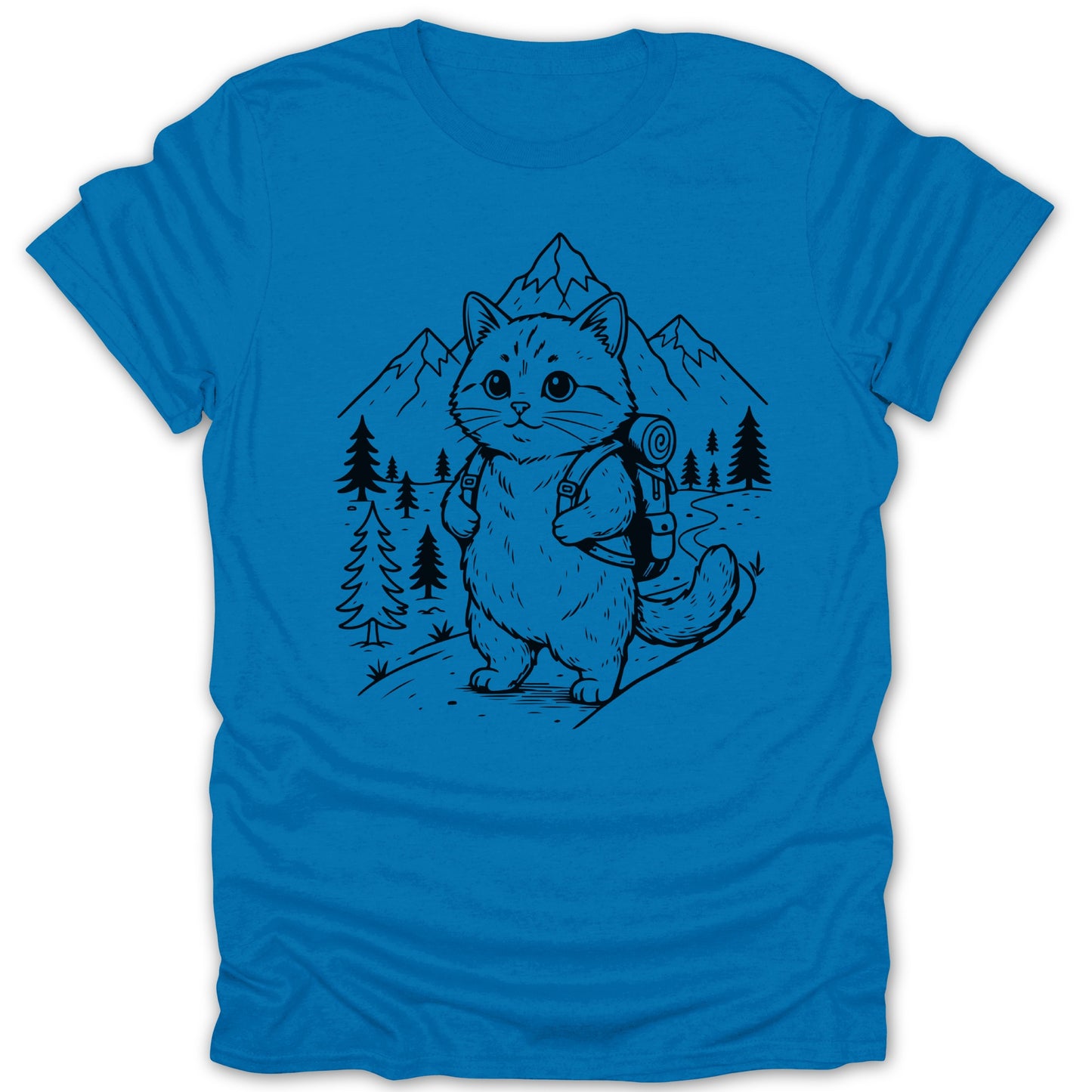 Whimsical Hiking Cat Drawing on Blue T-Shirt