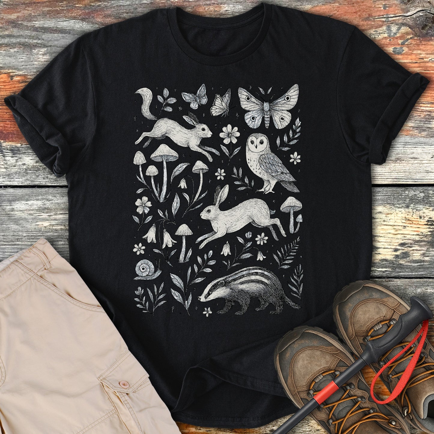 Forest Animals Illustration on Black T Shirt product